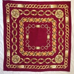CHANEL Red and Gold Chain Print Scarf